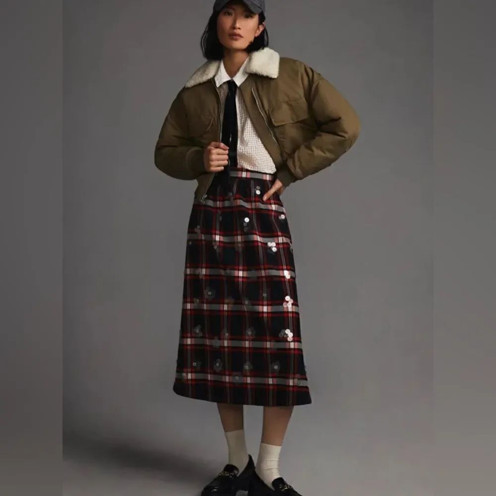 Anthropologie Maeve Embellished Plaid Skirt NWT